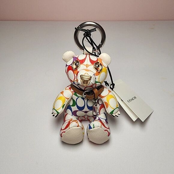 NWT Coach CJ953 Pride Bear Rainbow Keychain White Signature Bag Charm LG… - Picture 1 of 4